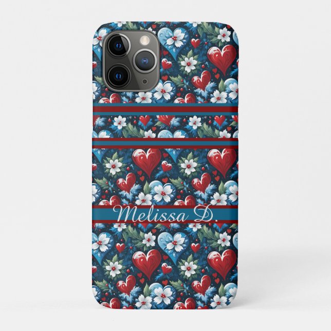 Coques Case-Mate iPhone Coeurs de Noël floraux en bleu rouge et vert (Dos)