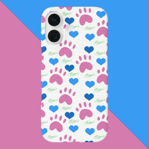 Coque Pour iPhone 16 Cœurs de Patte de Chat Miaou Bleu Rose Vert