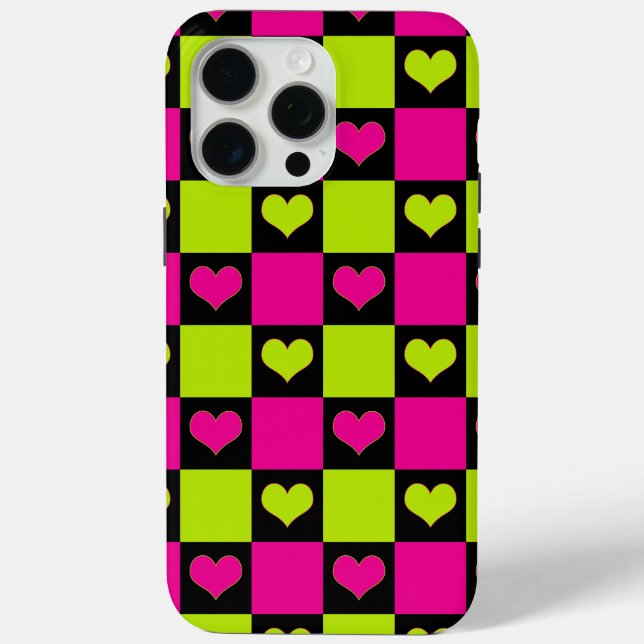 Coques Case-Mate iPhone Coeurs de tableau de bord - Vert citron, rose chau (Verso)