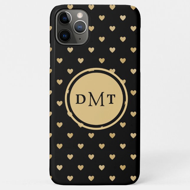 Coques Case-Mate iPhone Coeurs d'or sur Monogramme noir (Dos)