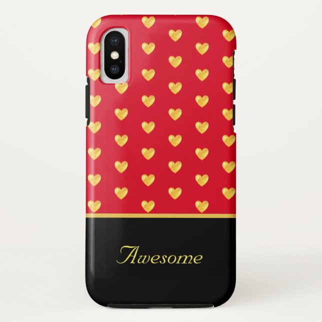 Coques Case-Mate iPhone Cœurs dorés sur fond rouge et calligraphie sur fon (Dos)