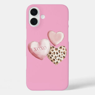 Coque Pour iPhone 16 Plus Coeurs Empreintes de léopard XOXO Rose