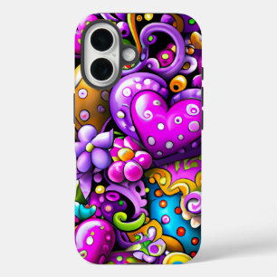 Coque Pour iPhone 16 Cœurs et fleurs abstraits violets