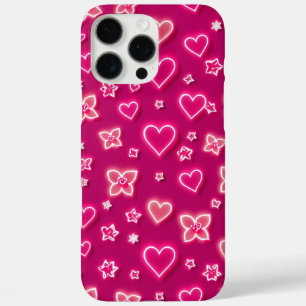 Coque iPhone 16 Pro Max Cœurs et fleurs néon rose vibrant motif rétro