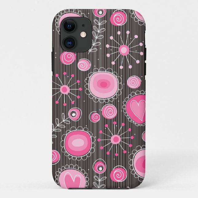 Coques Case-Mate iPhone Coeurs et fleurs Whimsical rose et gris (Dos)