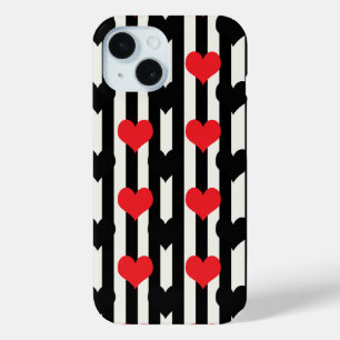 Coque Case-Mate iPhone Coeurs Noirs Rouges Sur Bandes Blanches Noires