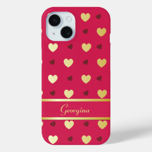 Coque Case-Mate iPhone Coeurs personnalisés d'or sur couleur cerise