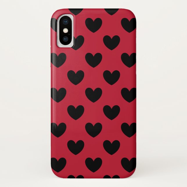 Coques Case-Mate iPhone Cœurs pois noirs sur fond rouge (Dos)