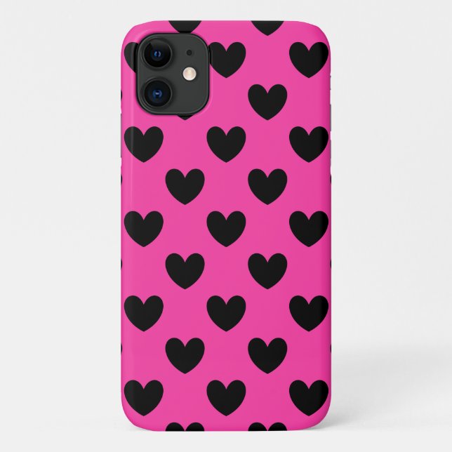 Coques Case-Mate iPhone Cœurs pois noirs sur rose fuchsia (Dos)
