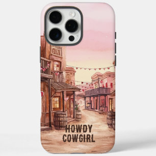 Coque iPhone 16 Pro Max Cœurs Rose Marron Cowgirl Ville Far West
