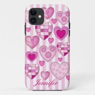 Coque iPhone 11 Coeurs roses, rayures et nom