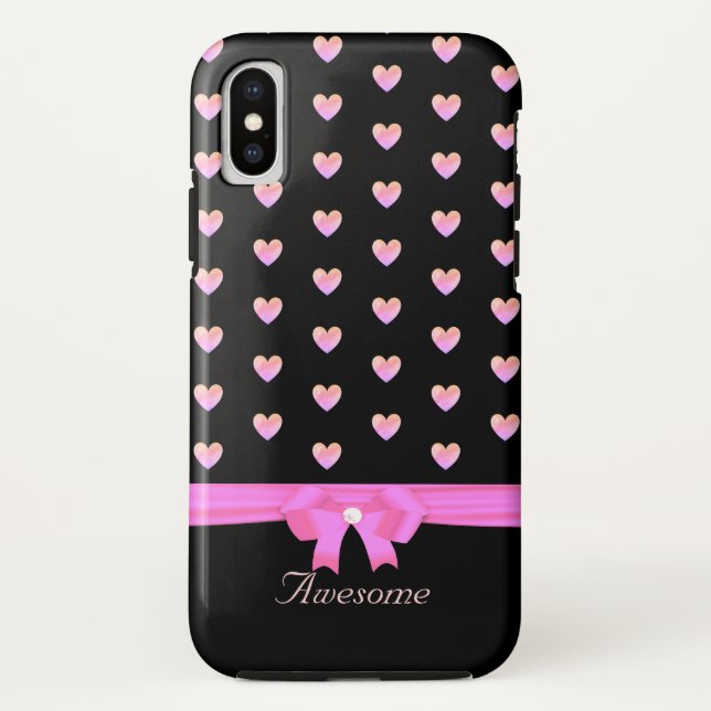 Coques Case-Mate iPhone Cœurs roses, ruban et calligraphie sur fond noir (Dos)