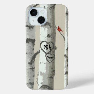 Coque Pour iPhone 15 Coeurs sculptés sur mesure sur arbre à bouleau Sai