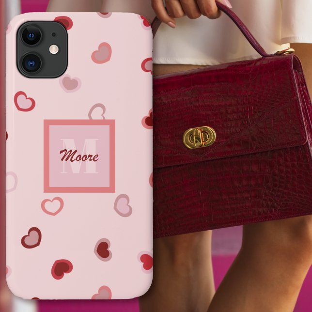 Coques Case-Mate iPhone Coeurs sur Pastel rose en rose à rouge Ombre (Hearts on Pastel Pink in Pink to Red Ombre Case-Mate iPhone Case by Leapfroglisics Shop)