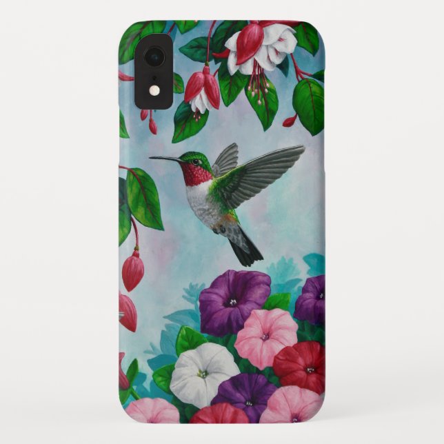 Coques Case-Mate iPhone Colibri volant dans le jardin aux fleurs (Dos)