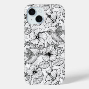 Coque Case-Mate iPhone Colibris et fleurs d'hibiscus b&w