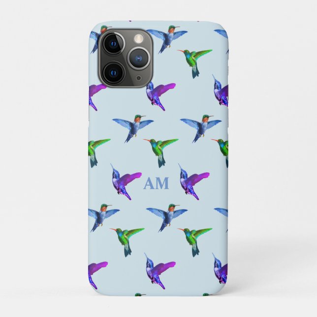Coques Case-Mate iPhone Colibris sur bleu turquoise clair et monogramme (Dos)