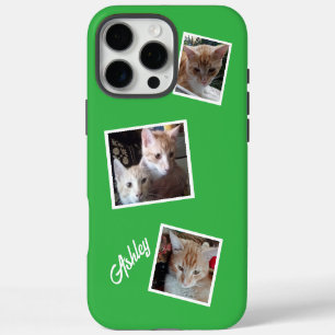 Coque iPhone 16 Pro Max Collage 3 Photos de Chats Animaux Nom Vert