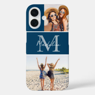 Coque Pour iPhone 16 Collage de 2 photos personnalisé bleu