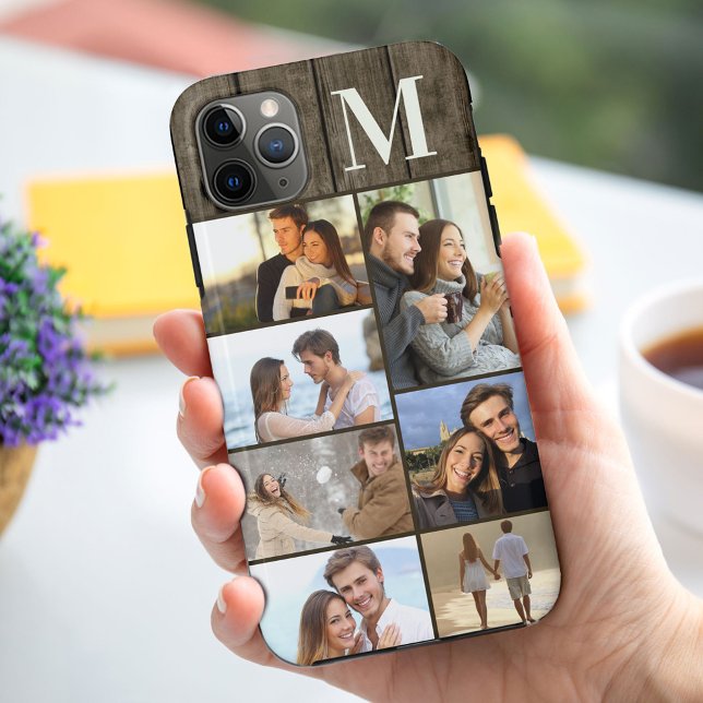 Coques Case-Mate iPhone Collage de 7 photos avec monogramme sur bois sombr (Créateur téléchargé)