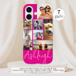 Coque Pour iPhone 16 Collage de 7 photos personnalisé Hot Pink<br><div class="desc">Créez votre propre étui de téléphone photo couleur personnalisée en utilisant ce modèle de collage photo facile à télécharger avec 7 images de tailles et de formes différentes et votre nom dans votre choix de style de police et toutes les couleurs (montré avec une police de style signature manuscrite chic...</div>