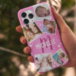 Case-Mate iPhone Case Collage de photos de la famille Girly Pink<br><div class="desc">Coque iphone féminin personnalisé avec un arrière - plan à la texture rose tendance,  5 photos de famille,  étoiles blanches,  votre initiale et votre nom.</div>