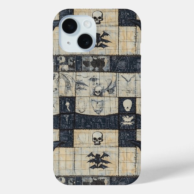Coques Case-Mate iPhone Collage en denim de crâne gothique et de chauve-so (Verso)