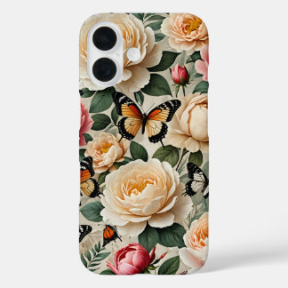 Coque Pour iPhone 16 Collage Floral vintage avec papillons et Roses