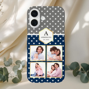 Coque Pour iPhone 16 Collage photo à motif d'étoiles blanches et bleu m