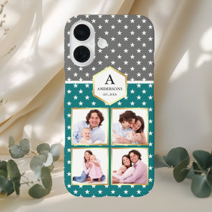 Coque Pour iPhone 16 Collage photo avec motif d'étoiles sarcelles et bl
