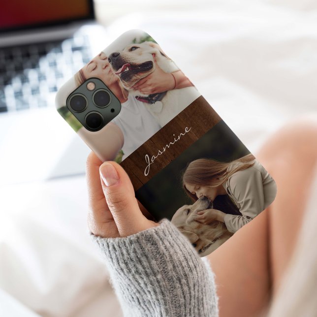 Coques Case-Mate iPhone Collage photo de chien Bois rustique, (Pet photo collage monogram with rustic dark wood background. Keep your pet photos with you.)