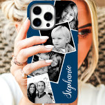 Case-Mate iPhone Case Collage photo Instagram personnalisé Nom personnal<br><div class="desc">Photo Instagram personnalisé Collage Navy Blue Personnalisé iPhone 11 Coque. Ce design moderne branché propose un espace pour 4 photos de style instagram carré. Ajoutez votre nom ou votre texte pour personnaliser davantage ce design personnalisé do-it-yourself choisissez votre propre couleur arrière - plan.</div>