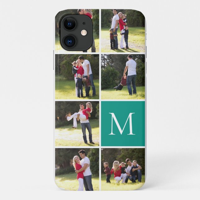 Coques Case-Mate iPhone Collage photo moderne et monogramme turquoise (Dos)