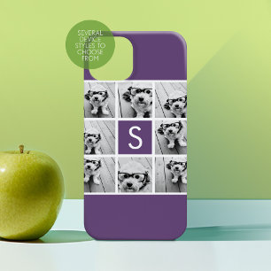 Coque Case-Mate iPhone Collage photo monogrammé aubergine violet et blanc
