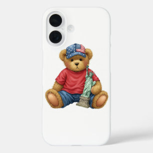 Coque Pour iPhone 16 Collection blanche. Teddy avec la Statue de la Lib