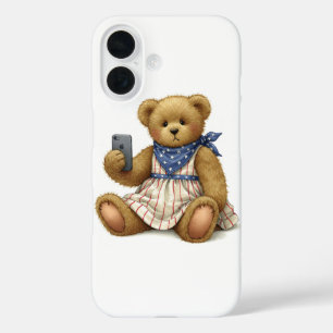 Coque Pour iPhone 16 Collection blanche. Teddy Bear avec un iPhone par