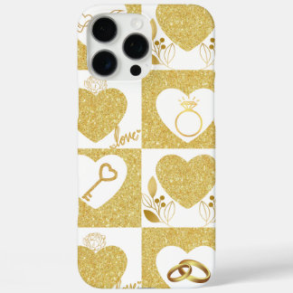 Coque iPhone 16 Pro Max Collection d'icônes d'amour et de Mariage d'or