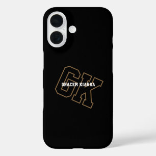 Coque Pour iPhone 16 Collège Or Noir Monogramme Initiales Varsity