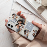 Coque Pour iPhone 14 Colorblock Photo Collage & Monogramme<br><div class="desc">Le boîtier de téléphone de collage de photos chic présente cinq de vos photos préférées dans un plan quadrillé avec des carrés contrastés de gris-bleu neutre. Personnalisez avec votre monogramme initial unique en blanc.</div>