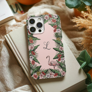 Coque iPhone 16 Pro Coloré Tropical Floral Flamant rose rose & Hibiscu