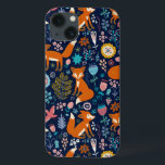 Coque Case-Mate iPhone Colorful Flowers & Foxes Pattern<br><div class="desc">Colorful retro flowers cute birds and red foxes cartoon style illustration on dark blue background color you can change</div>