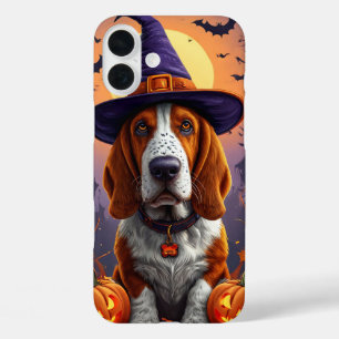 Coque Pour iPhone 16 Plus Conception de chiot sorcière d'Halloween de Basset