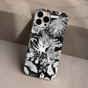 Coque iPhone 16 Pro Conception de feuilles tropicales noires et blanch