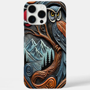 Coque iPhone 16 Pro Max Conception de hibou coloré avec montagnes et couch