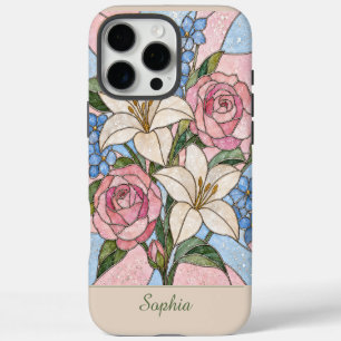 Coque iPhone 16 Pro Max Conception de vitrail floral avec nom personnalisé