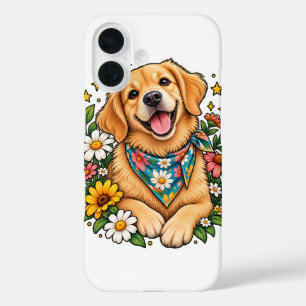 Coque Pour iPhone 16 Conception numérique de Golden Retriever floral mi