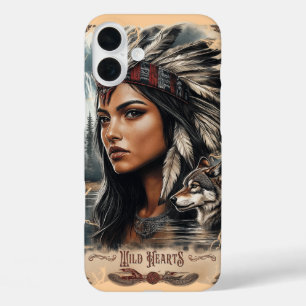 Coque Pour iPhone 16 Plus Conception vintage de la femme et du loup amérindi