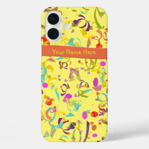 Coques iPhone 16 Plus Confettis Colorés Lancés sur Fond Jaune