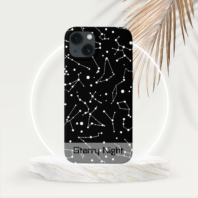 Coques Case-Mate iPhone Constellations en blanc dans l'espace noir (White Constellation Diagrams on Black Background with Personalization section ob Gold Frond Mockup)