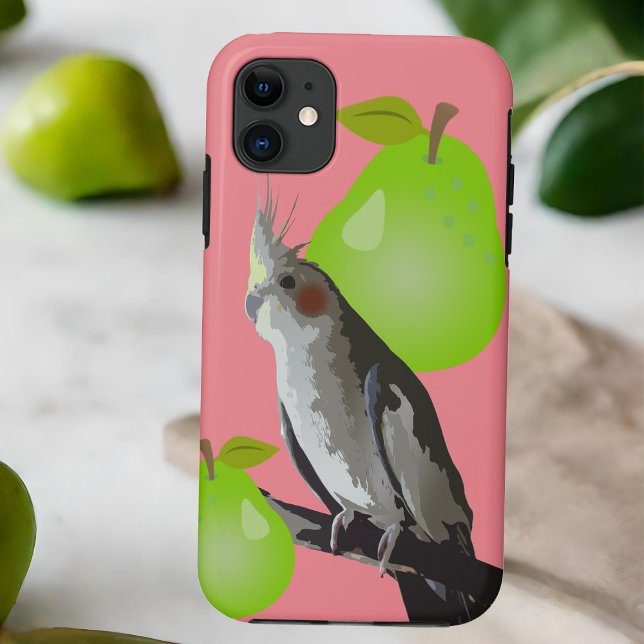 Coques Case-Mate iPhone Cool Animal Cockatiel Oiseau, Fruit Pear Vert rose (Cockatiel pet bird mobile phone case pink with green pears)